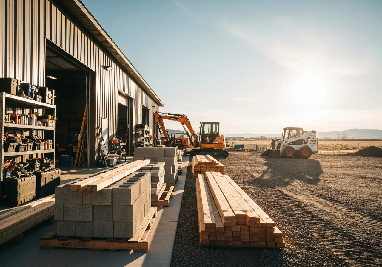 Construction site with equipment and materials staged for residential building project.