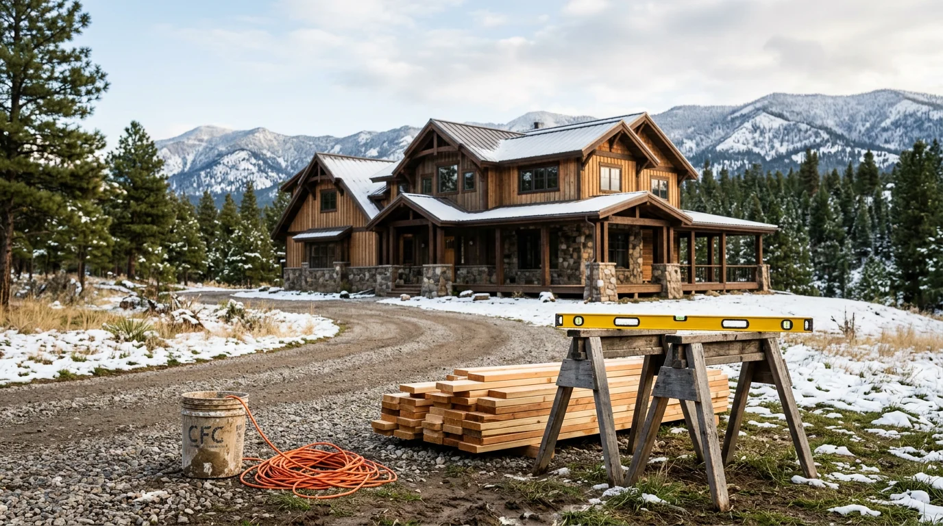 Newly built custom home with stone accents and a covered porch in the Helena, Montana countryside