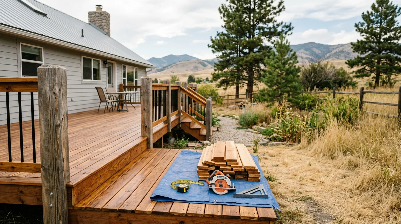 Newly built wood deck with railing in a residential backyard near Helena, Montana