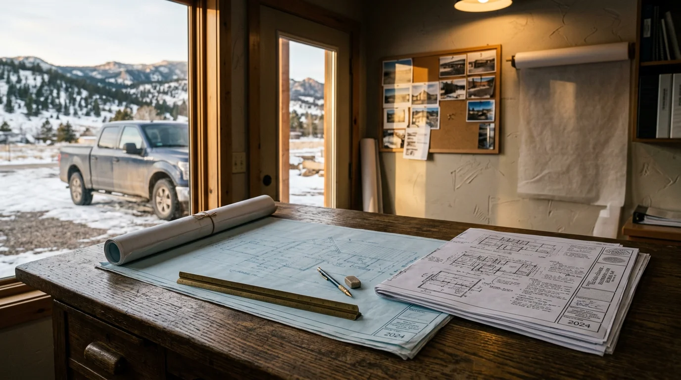 Architectural drafting plans spread across a table with a scale ruler and pencil in Helena, Montana