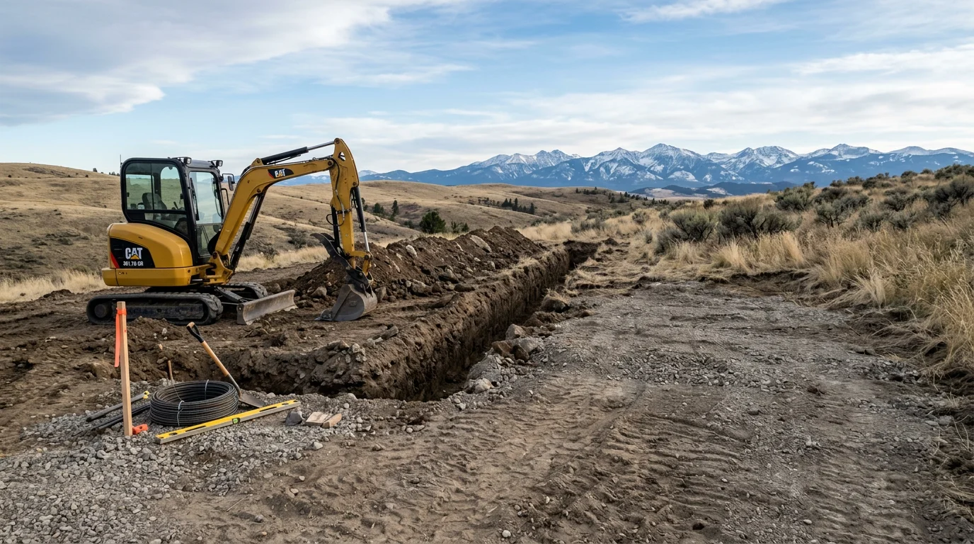 Excavator digging trench on a graded job site near Helena, Montana