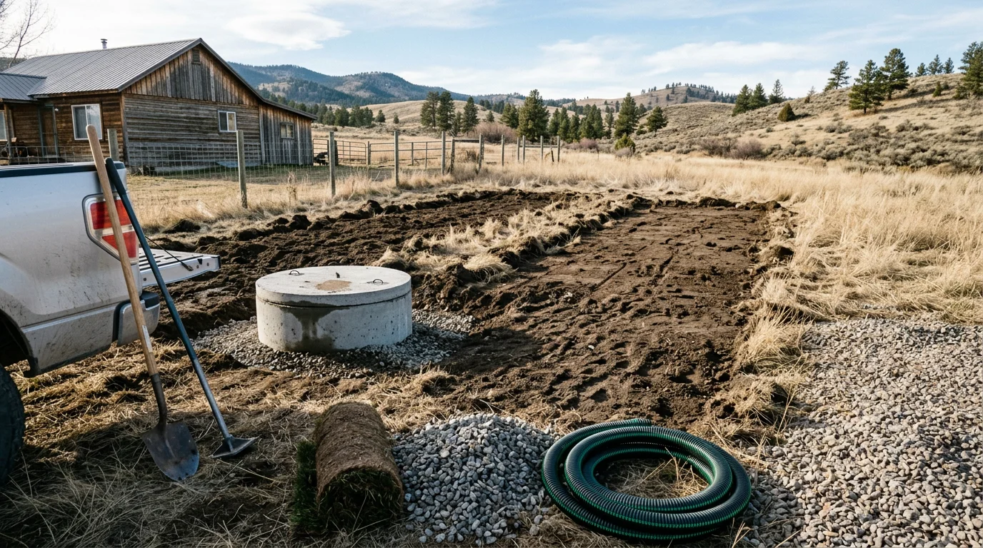 Crew member inspecting a septic tank lid on a residential property near Helena, Montana
