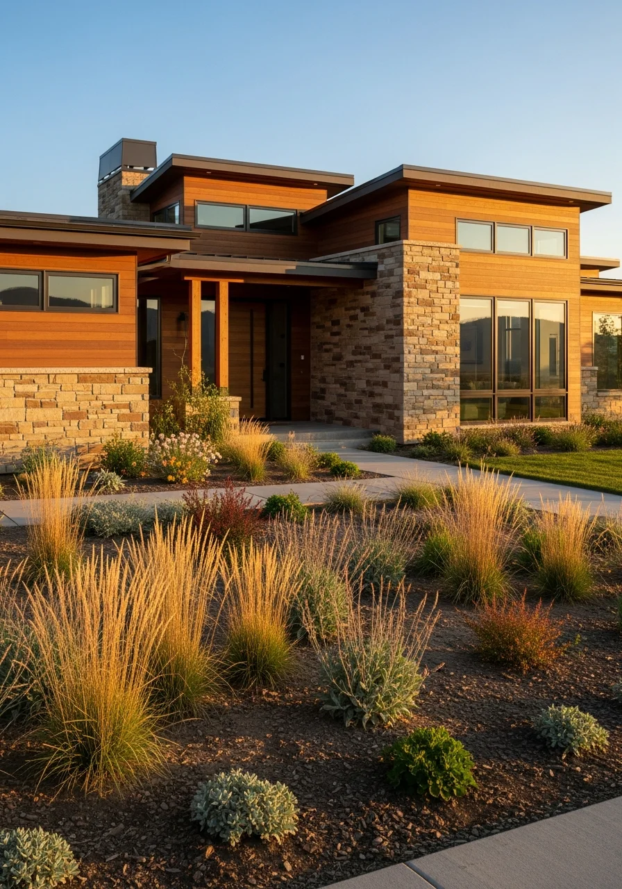 Contemporary residential exterior with native landscaping and clean architectural lines.