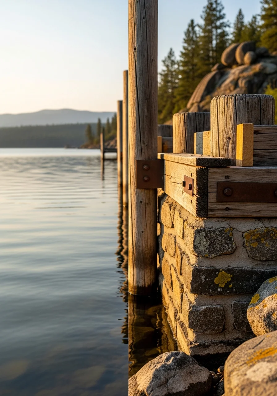 Rustic lakeside cabin with stone foundation and wooden deck overlooking water.