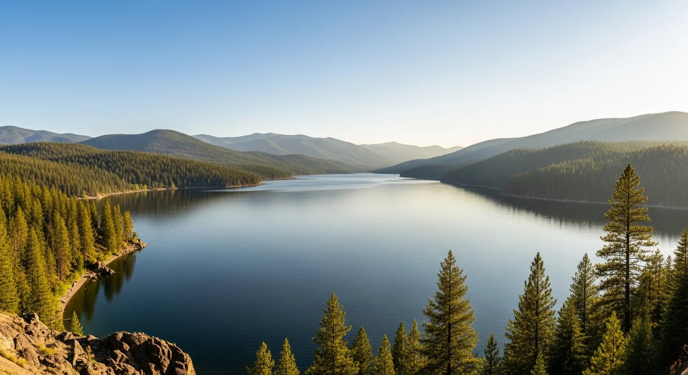 Scenic view of Canyon Ferry Lake with forested shoreline and mountain backdrop under clear sky.