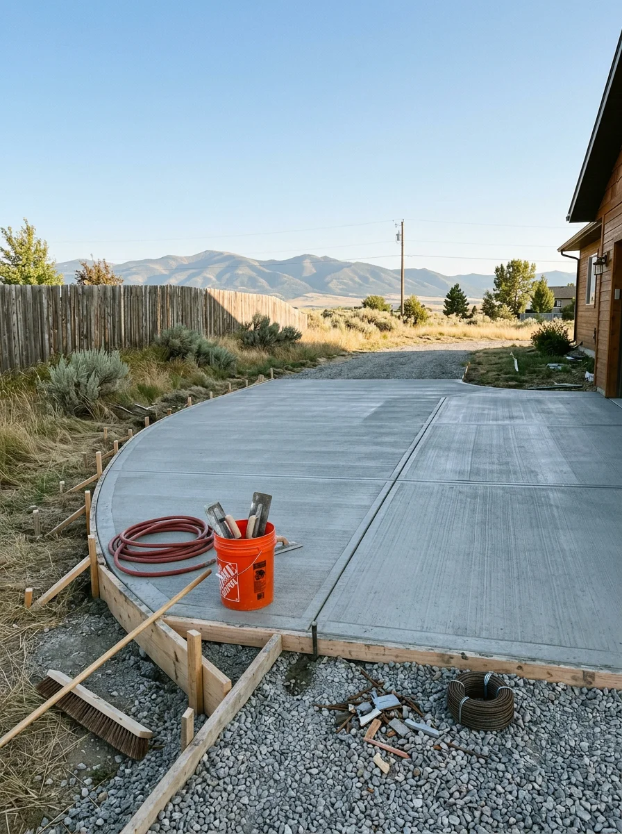Concrete driveway and patio work on a residential lot in East Helena, Montana