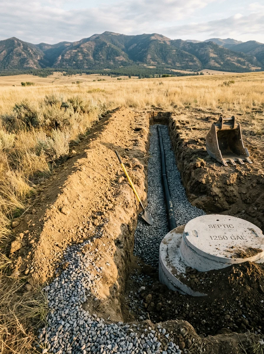 Septic tank and drain field excavation on a rural Montana property