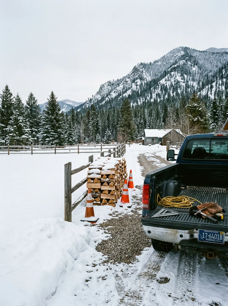 Snow-covered residential lot with mountain backdrop near Philipsburg, Montana