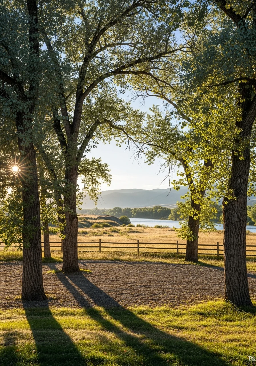 Riverside property with mature cottonwoods and open yard space.