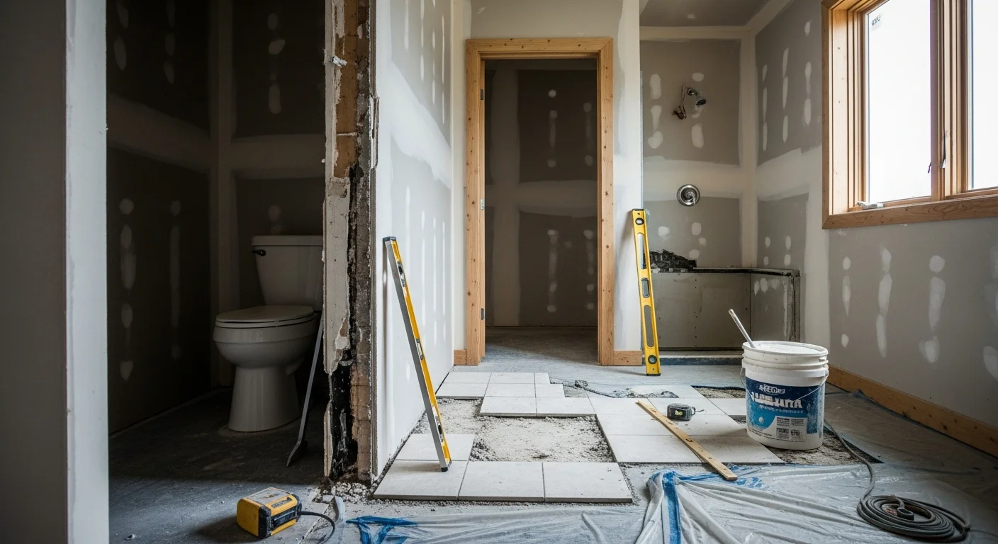 A remodeled bathroom interior in a Canyon Ferry Lake, Montana home featuring new tile flooring, a walk-in shower with waterproof surround, and an updated vanity with modern fixtures. The finished space reflects a clean, functional design suited to a Montana lakeside property.
