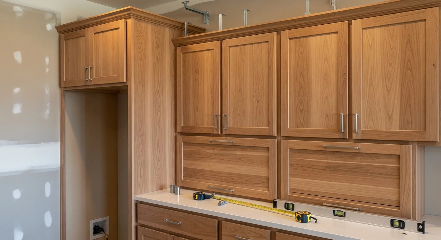 Newly installed wood-finish kitchen cabinets with open shelving in a Canyon Ferry Lake, Montana home. Wall cabinets and base cabinets are flush-mounted with consistent spacing and hardware aligned throughout the kitchen.