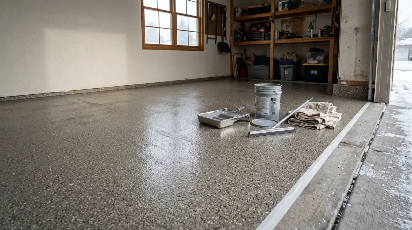 A freshly coated concrete garage floor with a smooth, sealed finish inside a Montana home near Canyon Ferry Lake. The surface shows a clean, even coating applied over a residential slab with a vehicle parked on it.