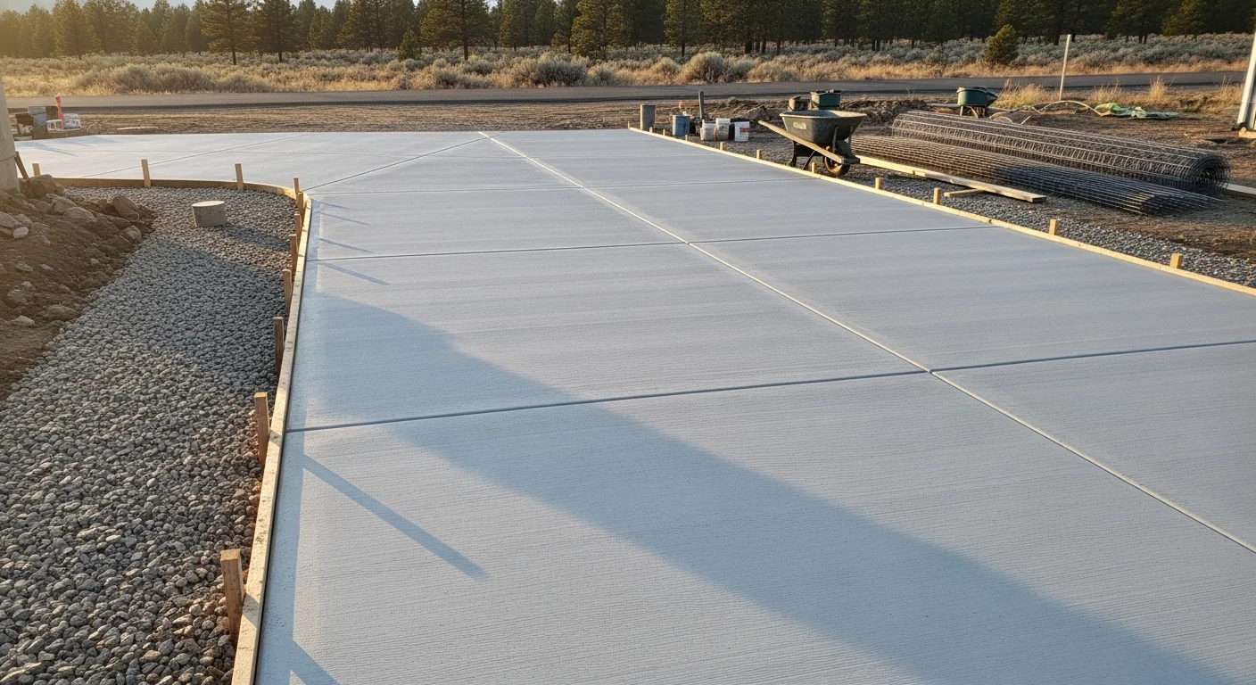 A freshly poured and finished concrete driveway at a residential property near Canyon Ferry Lake, Montana. The smooth gray slab leads from the road to a home with a rural Montana landscape in the background.