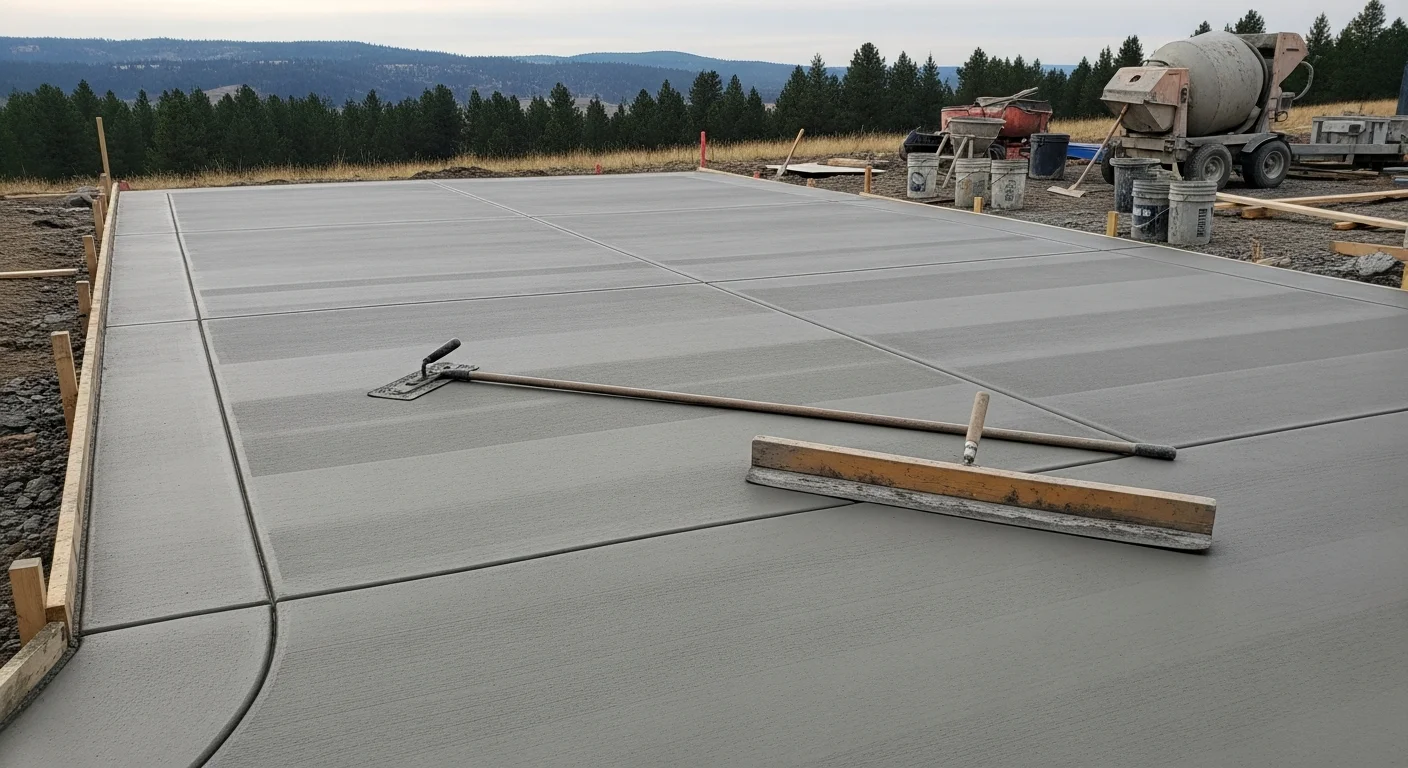 A freshly broom-finished concrete driveway slab at a residential property near Canyon Ferry Lake, Montana, with the Big Belt Mountains visible in the background. Canyon Ferry Contractors crew members trowel and finish the surface on a clear day.
