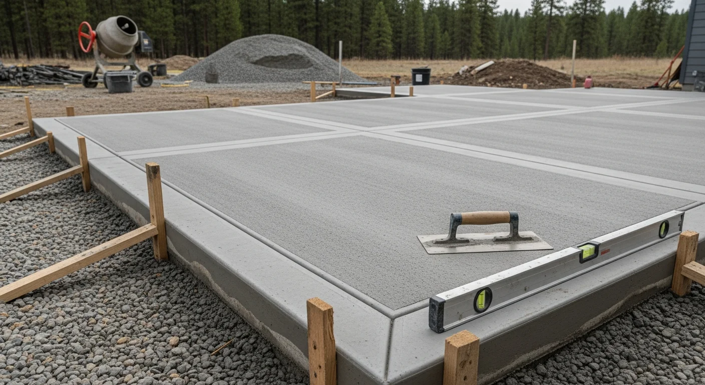 A freshly poured and finished concrete patio slab behind a residential home near Canyon Ferry Lake, Montana. The flat gray surface extends from the back door toward an open yard with mountain terrain visible in the background.