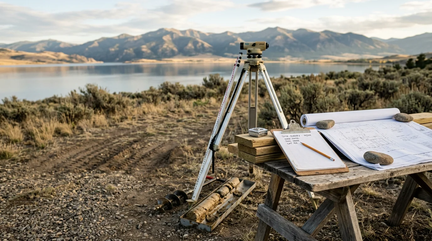 A construction consultant reviewing site plans with a homeowner on a rural Montana property near Canyon Ferry Lake, with rolling terrain and mountain ridgeline visible in the background.