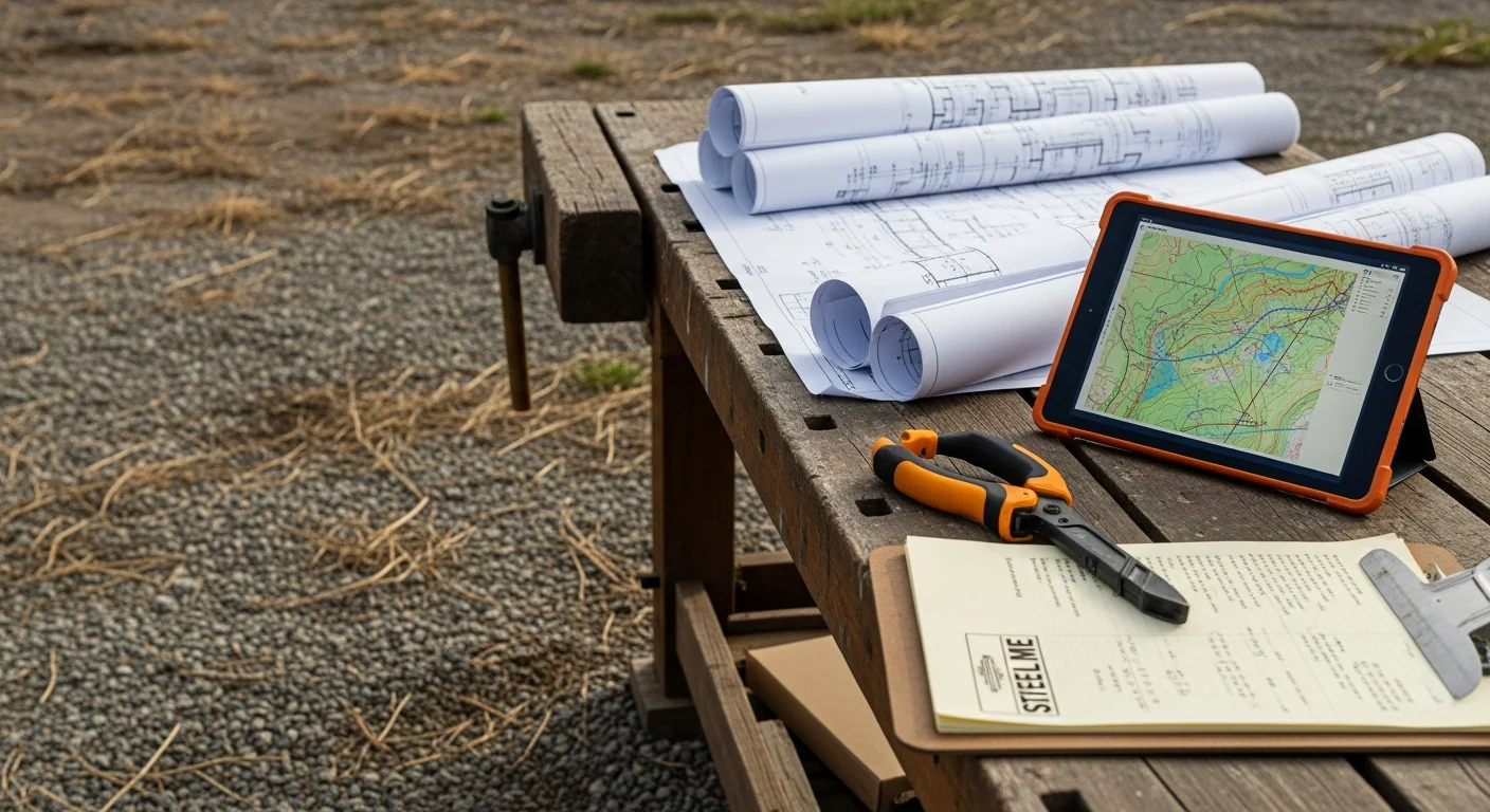 A Canyon Ferry Contractors consultant reviewing building plans on a lakefront property at Canyon Ferry Lake, Montana, with the Big Belt Mountains visible in the background. The site shows an undeveloped shoreline lot in the early planning stage of a residential construction project.