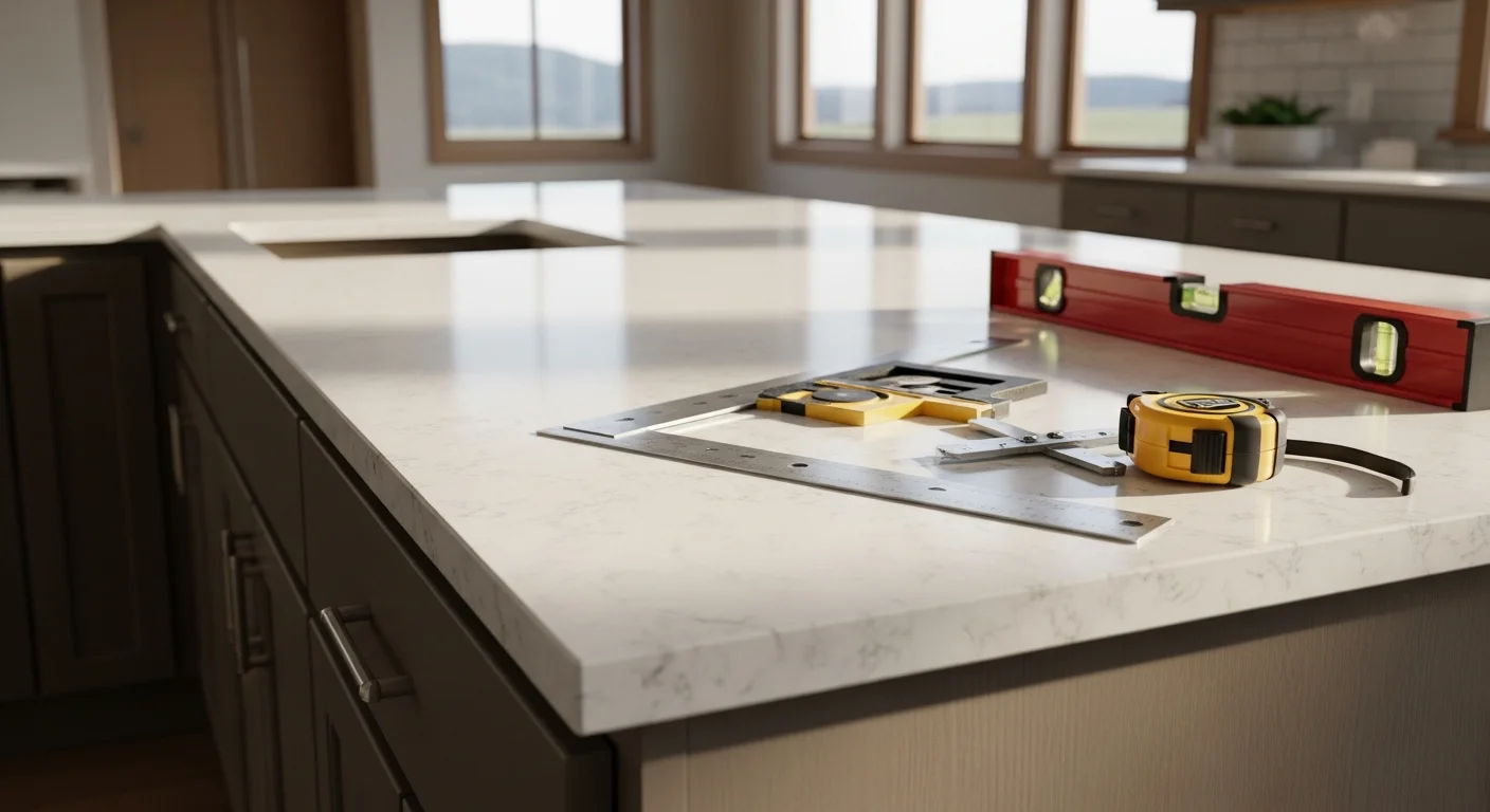 Newly installed stone countertop in a kitchen inside a Canyon Ferry Lake lakefront home, with clean seams along white cabinetry and a window view toward the water. Close-up shows a smooth, sealed surface ready for daily use.
