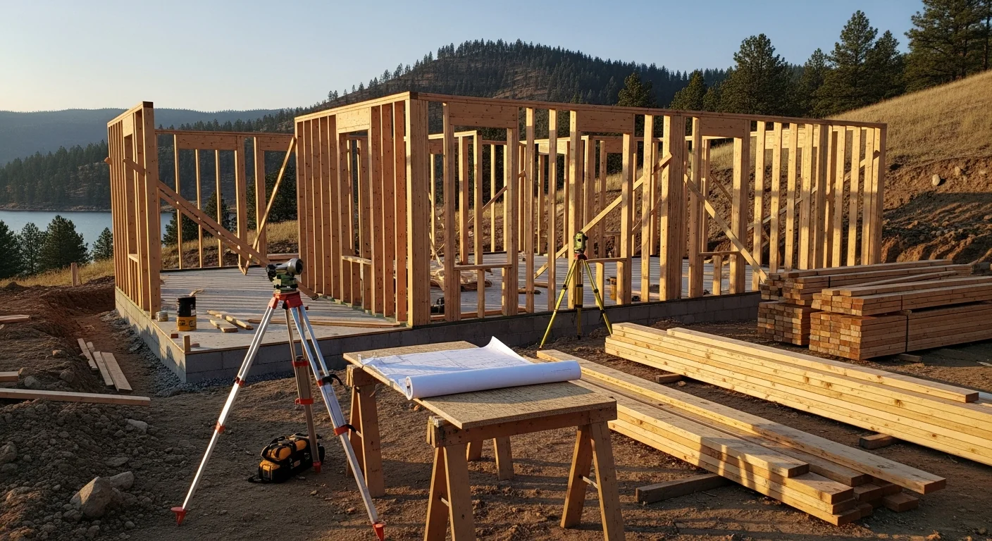 A newly completed custom home on a sloped lot near Canyon Ferry Lake, Montana, with a covered porch facing the water. The structure features a steep-pitched roof and site-graded foundation typical of lakeside construction in the area.