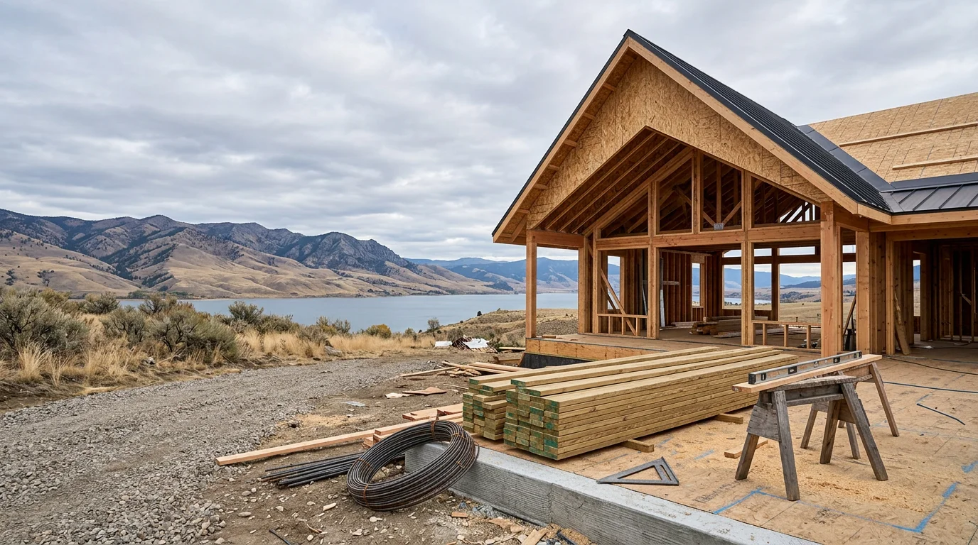 A newly completed custom home near Canyon Ferry Lake, Montana, with a pitched roof designed for snow loads and large windows framing mountain and water views. The home sits on a rural lot with open landscape typical of the Canyon Ferry area east of Helena.