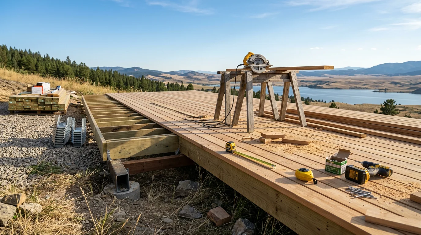 A custom wood deck built on a residential property near Canyon Ferry Lake, Montana, with open views toward the water and a railing system suited for elevated outdoor use. The deck structure reflects construction designed for Montana's seasonal weather conditions.