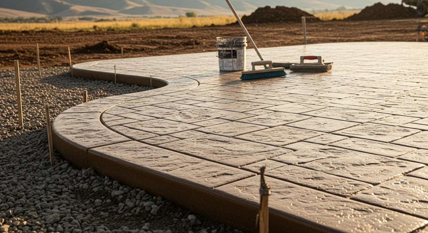 A stamped concrete patio with a natural stone pattern installed at a residential property near Canyon Ferry Lake, Montana. The surface shows clean finish lines and a neutral earth-tone color suited to the Montana landscape.