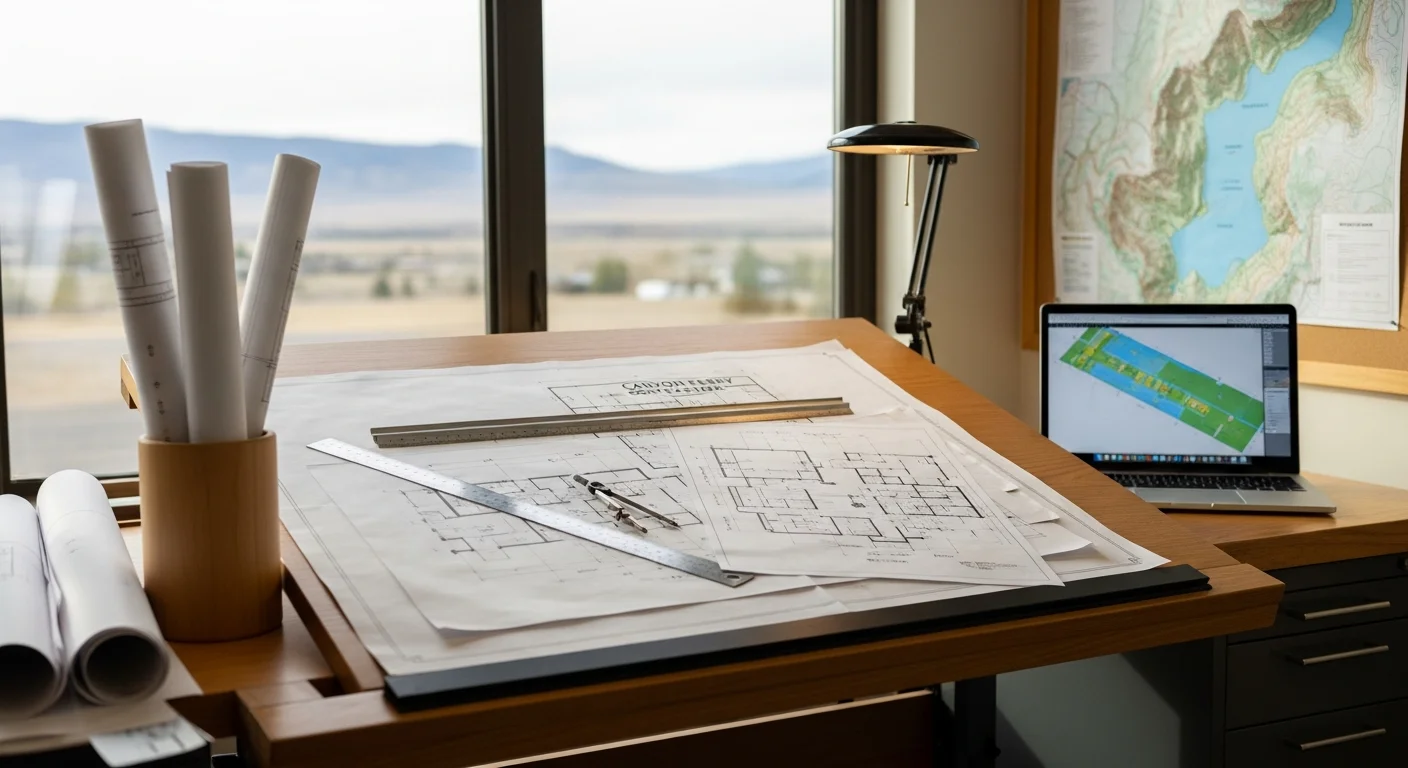 A detailed residential floor plan and elevation drawing laid flat on a work table, with a Canyon Ferry Lake shoreline property visible through a window in the background. The drawings show foundation details, room layouts, and exterior wall cross-sections for a single-family home build in Montana.