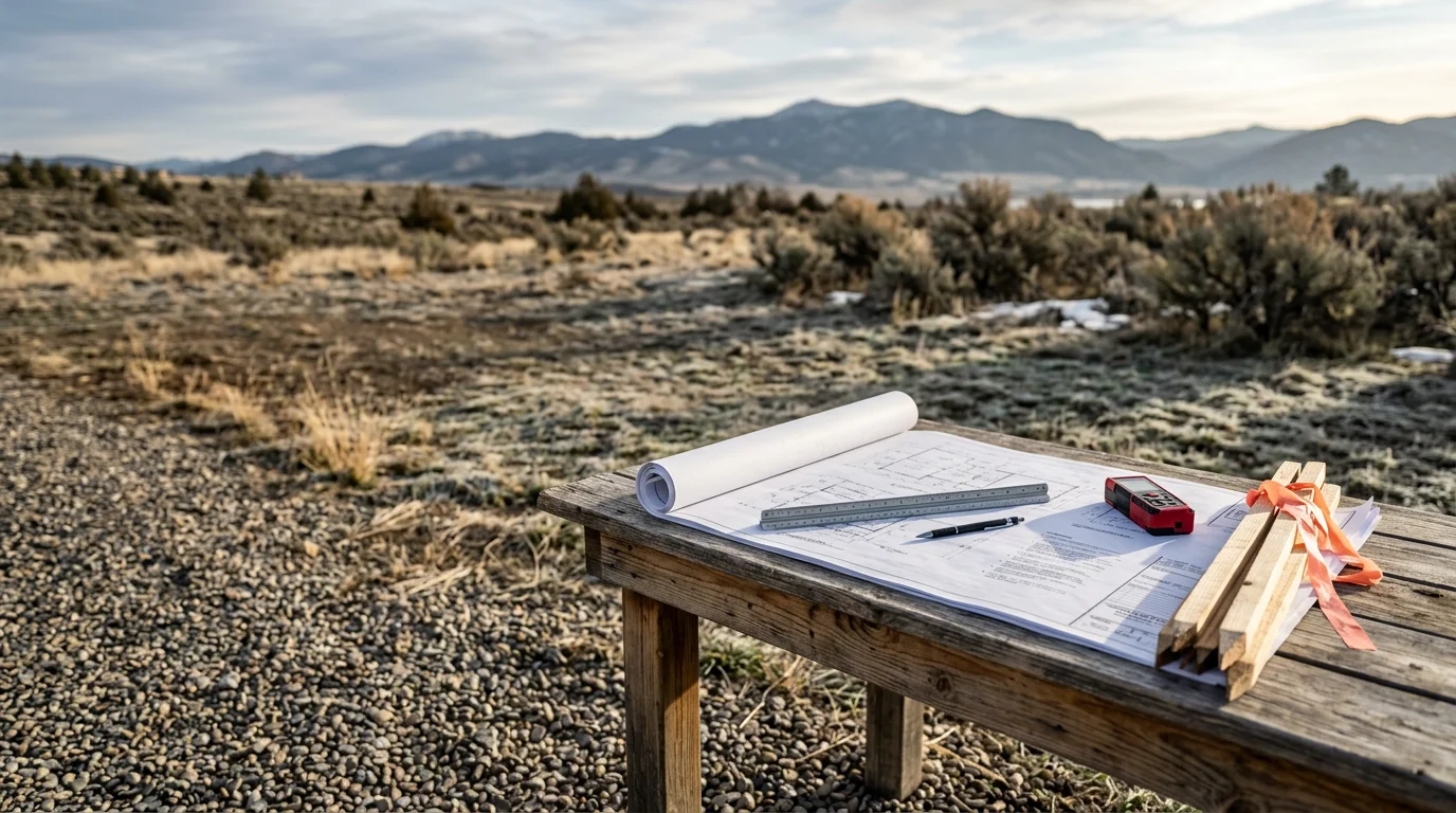 A design consultation in progress for a Montana property near Canyon Ferry Lake, with site plans laid out on a table showing lot layout and building placement. The Big Belt Mountains and open rural landscape are visible through the window in the background.