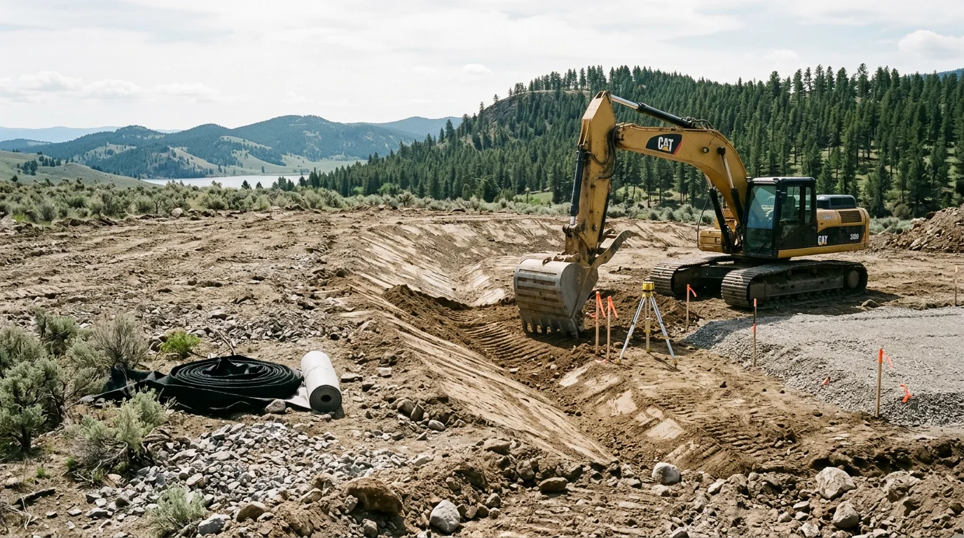 A tracked excavator grading and leveling a raw dirt lot near Canyon Ferry Lake, Montana, with the Big Belt Mountains visible in the background. The freshly worked soil shows cut and fill earthwork in progress for a new residential building site.