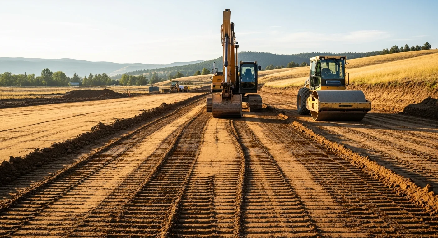 A tracked excavator grading a sloped residential lot near Canyon Ferry Lake, Montana, with cleared terrain and exposed subsoil ready for foundation work. The surrounding landscape shows open rangeland and distant hills typical of the Lewis and Clark County area.