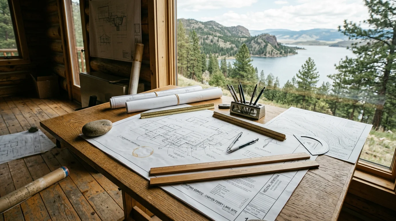Detailed architectural drafting plans laid flat on a work table, showing floor plan layout and exterior elevations for a residential build near Canyon Ferry Lake, Montana. A rural Montana landscape with open land and mountain backdrop is visible through a nearby window.