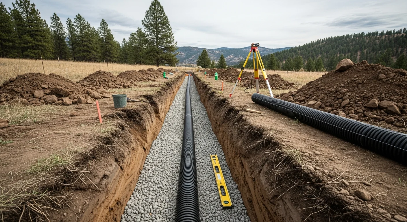 Excavation crew digging gravel-lined drain field trenches on a rural residential lot near Canyon Ferry Lake, Montana. Perforated pipe sections are staged alongside open trenches cut to uniform depth and slope.