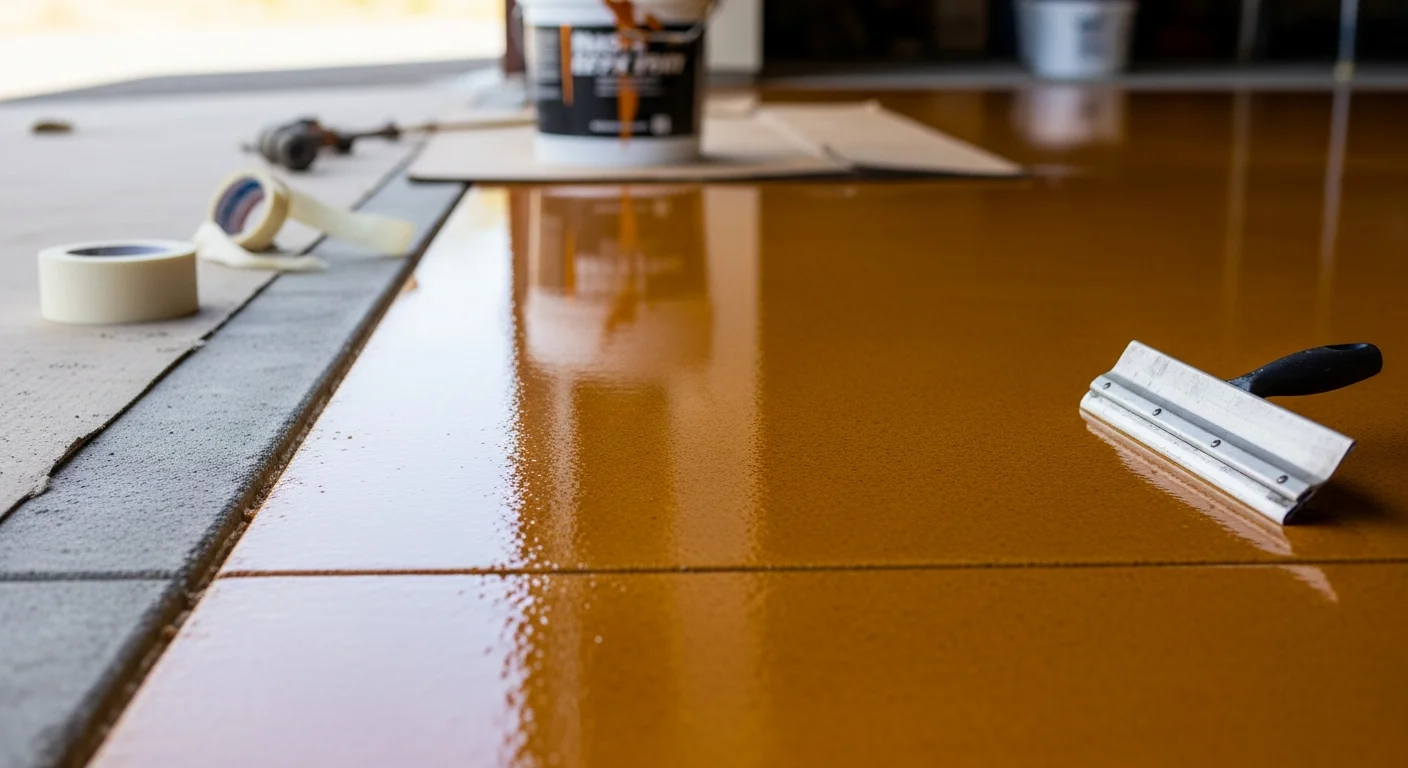 A freshly epoxy-coated concrete garage floor in a residential property near Canyon Ferry Lake, Montana, showing a smooth, glossy gray surface free of cracks and stains. A vehicle is parked on the sealed floor inside a clean, well-lit garage.