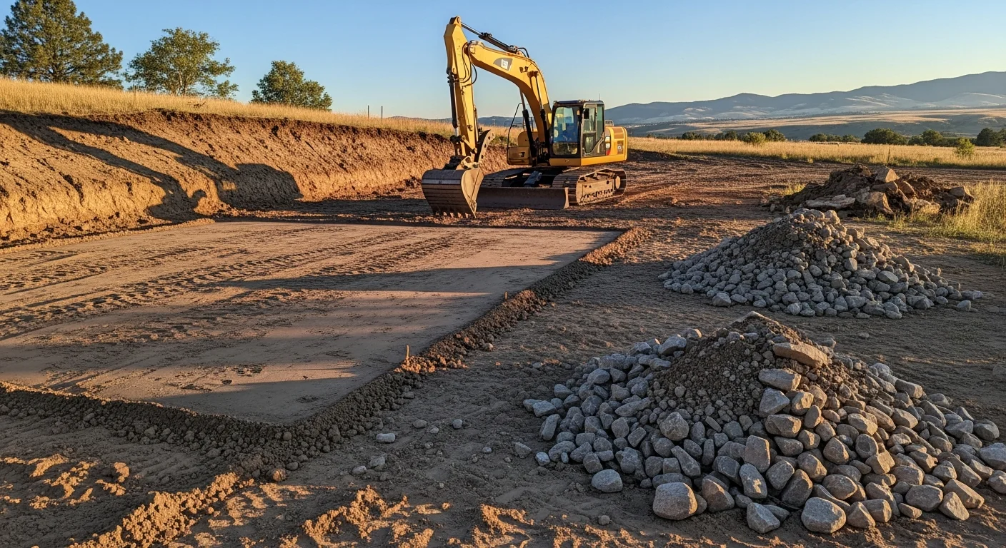 A tracked excavator grading a cleared building site near Canyon Ferry Lake, Montana, with rocky hillside terrain and open valley in the background. Freshly cut and leveled soil is visible in the foreground, ready for foundation work.