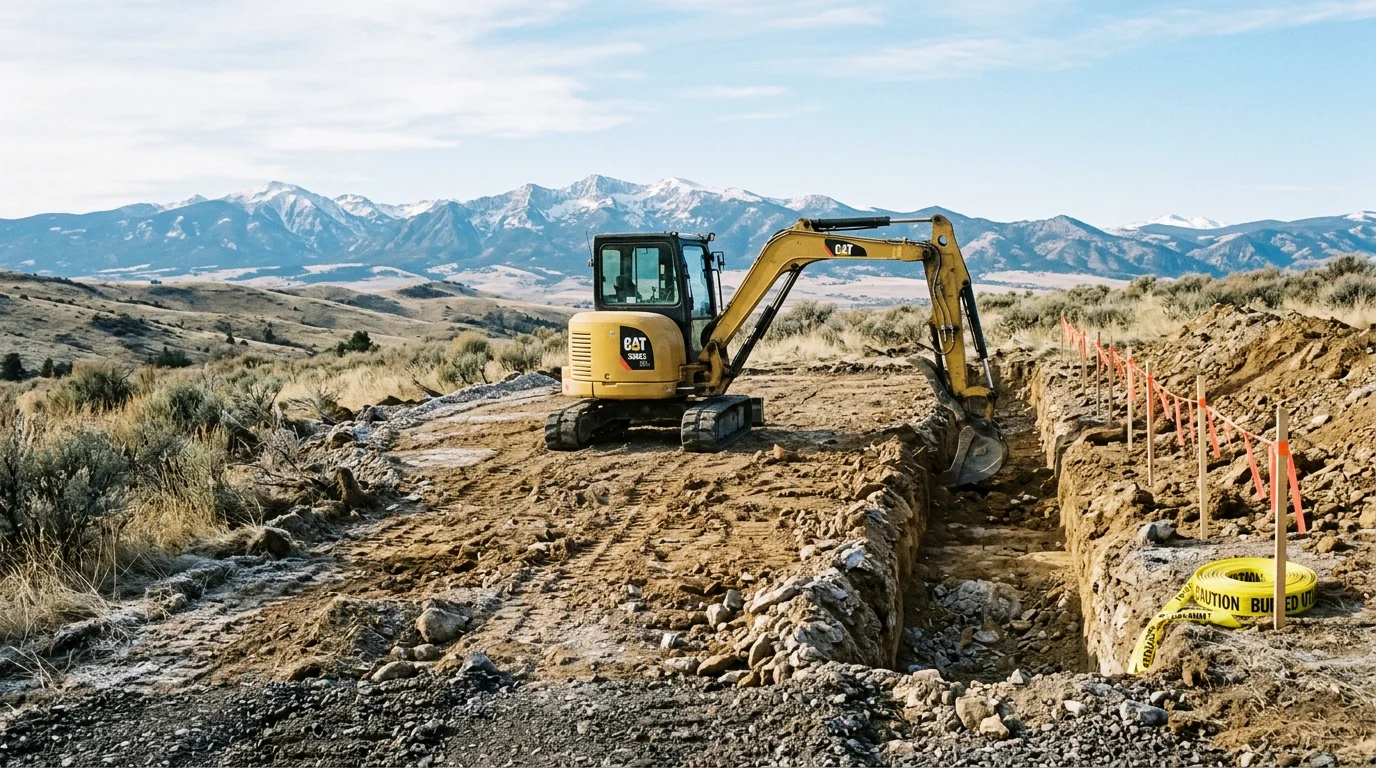 An excavator digging a foundation cut on a sloped rural lot near Canyon Ferry Lake, Montana, with rocky soil and open mountain terrain visible in the background. The site is cleared and graded in preparation for residential construction.