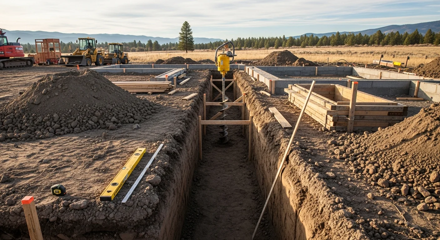 A freshly poured concrete foundation footing on a residential property near Canyon Ferry Lake, Montana, with the Big Belt Mountains visible in the background. The excavated site shows compacted soil and formed concrete walls ready for framing.