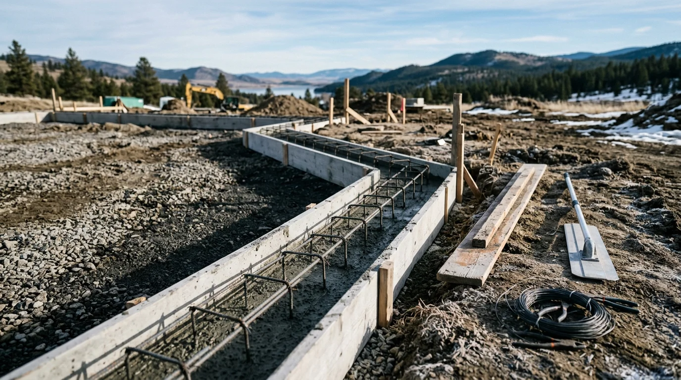 A freshly poured concrete foundation with formed walls and compacted gravel base on a residential building site near Canyon Ferry Lake, Montana, with open land and mountain terrain visible in the background.