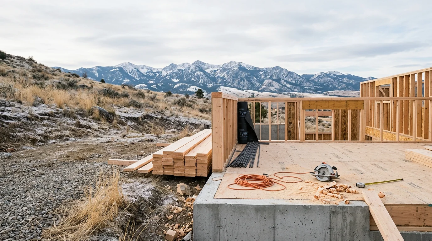 A general contractor overseeing a residential construction project near Canyon Ferry Lake, Montana, with framed walls and the Big Belt Mountains visible in the background. The site shows active building work in a rural Montana setting.