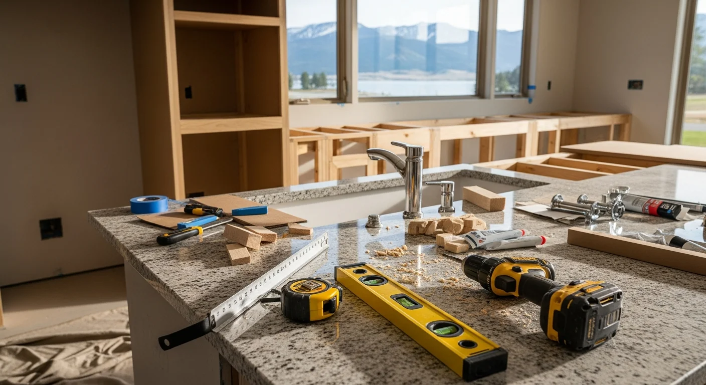 Remodeled kitchen interior in a Canyon Ferry Lake, Montana home featuring new cabinetry, updated countertops, and a reconfigured layout. Work completed by Canyon Ferry Contractors for a lakeside residential property.