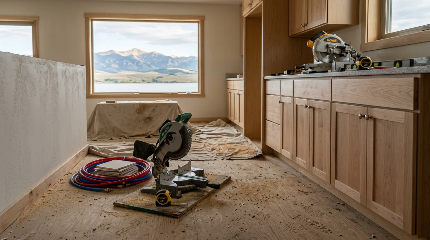 Remodeled interior of a Montana home near Canyon Ferry Lake, showing updated living space with quality finishes suited to the region's climate. Canyon Ferry Contractors completed the work for a local homeowner in the Canyon Ferry Lake area.