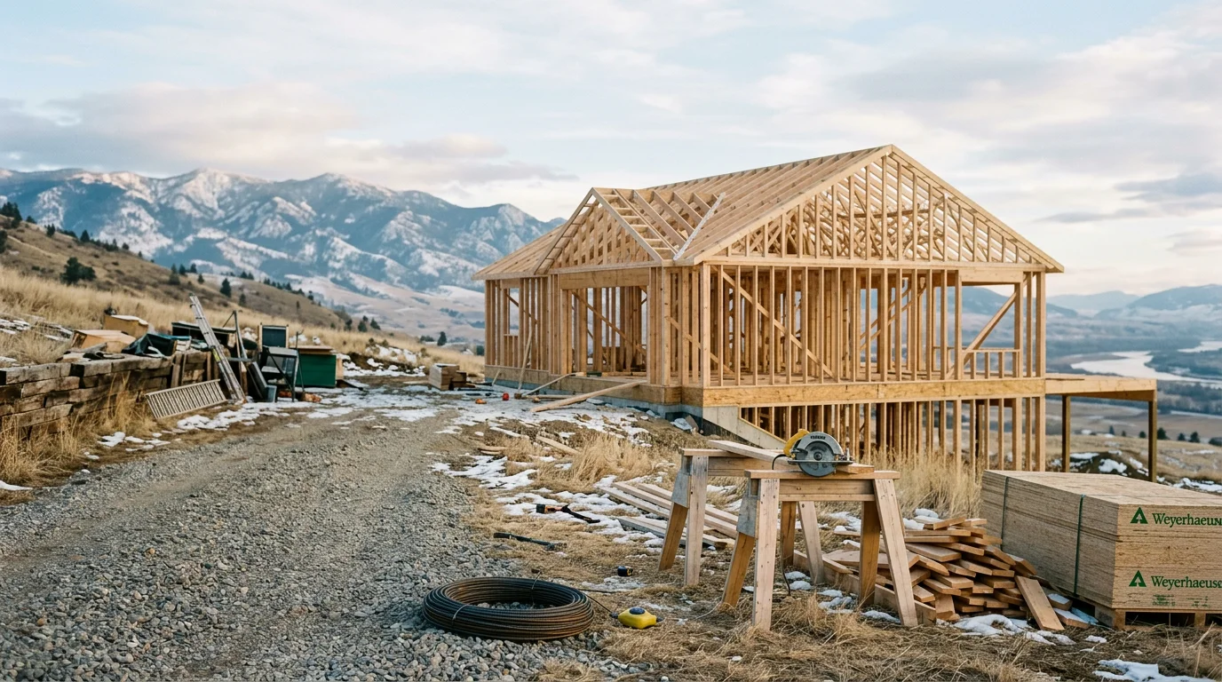 A newly framed custom home under construction near Canyon Ferry Lake, Montana, with mountain terrain visible in the background. Exposed structural framing shows the early stage of a residential build on a rural Montana lot.