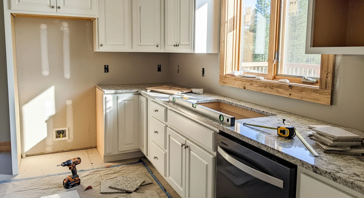 A remodeled kitchen interior inside a Canyon Ferry Lake, Montana home, featuring updated cabinetry and new flooring. The space shows finished renovation work typical of a lakeside residential property in Broadwater County.