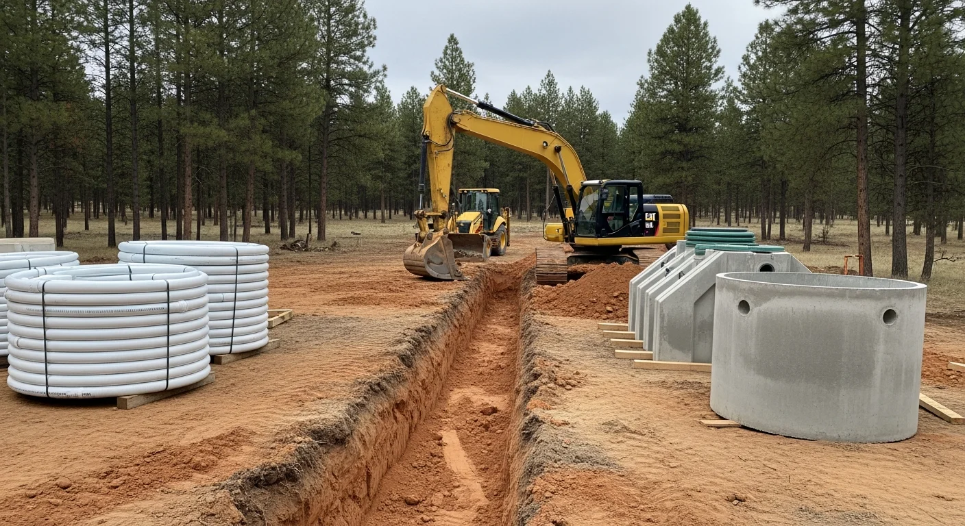 A freshly excavated septic system installation site near Canyon Ferry Lake, Montana, showing a concrete septic tank set in a trench with gravel-lined drainfield trenches extending across a rural residential lot. Big Belt Mountain terrain visible in the background.