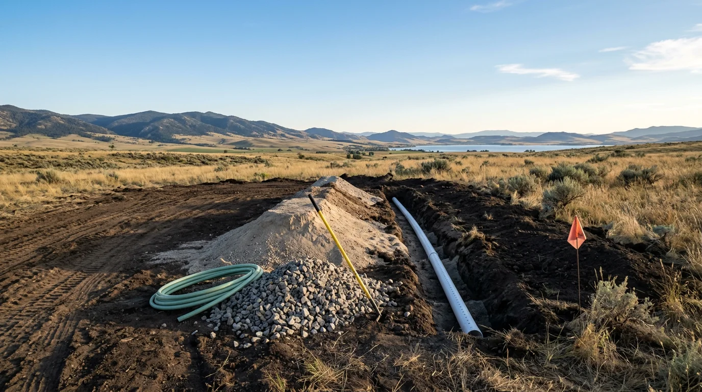 A freshly installed septic system and drain field on a rural residential property near Canyon Ferry Lake, Montana, with excavated trenches and gravel-filled absorption lines visible against a backdrop of open land and Big Belt Mountain foothills.