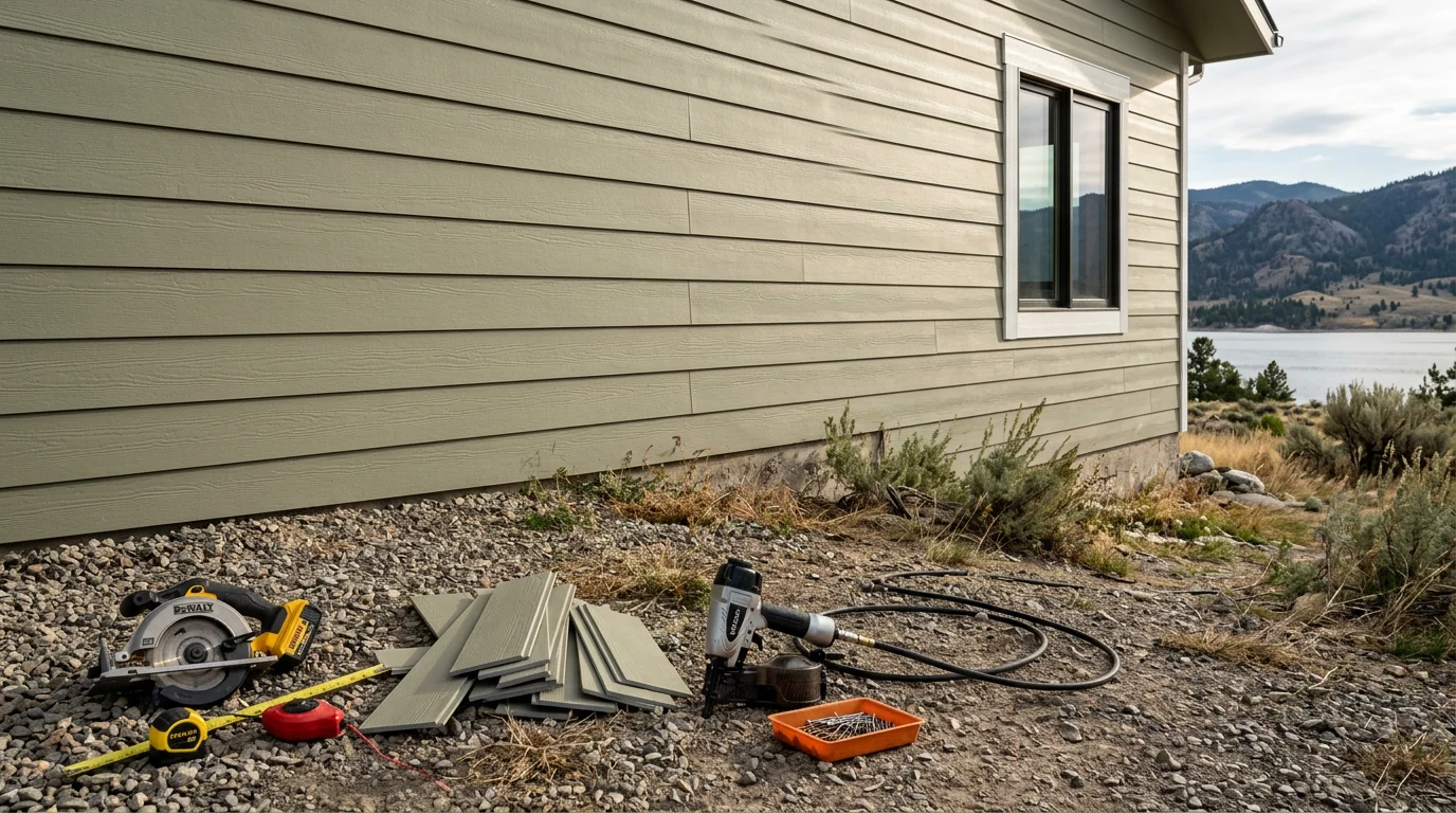 Freshly installed exterior siding on a single-story residential home near Canyon Ferry Lake, Montana, with clean panel lines and finished trim against a backdrop of open sky and mountain terrain.