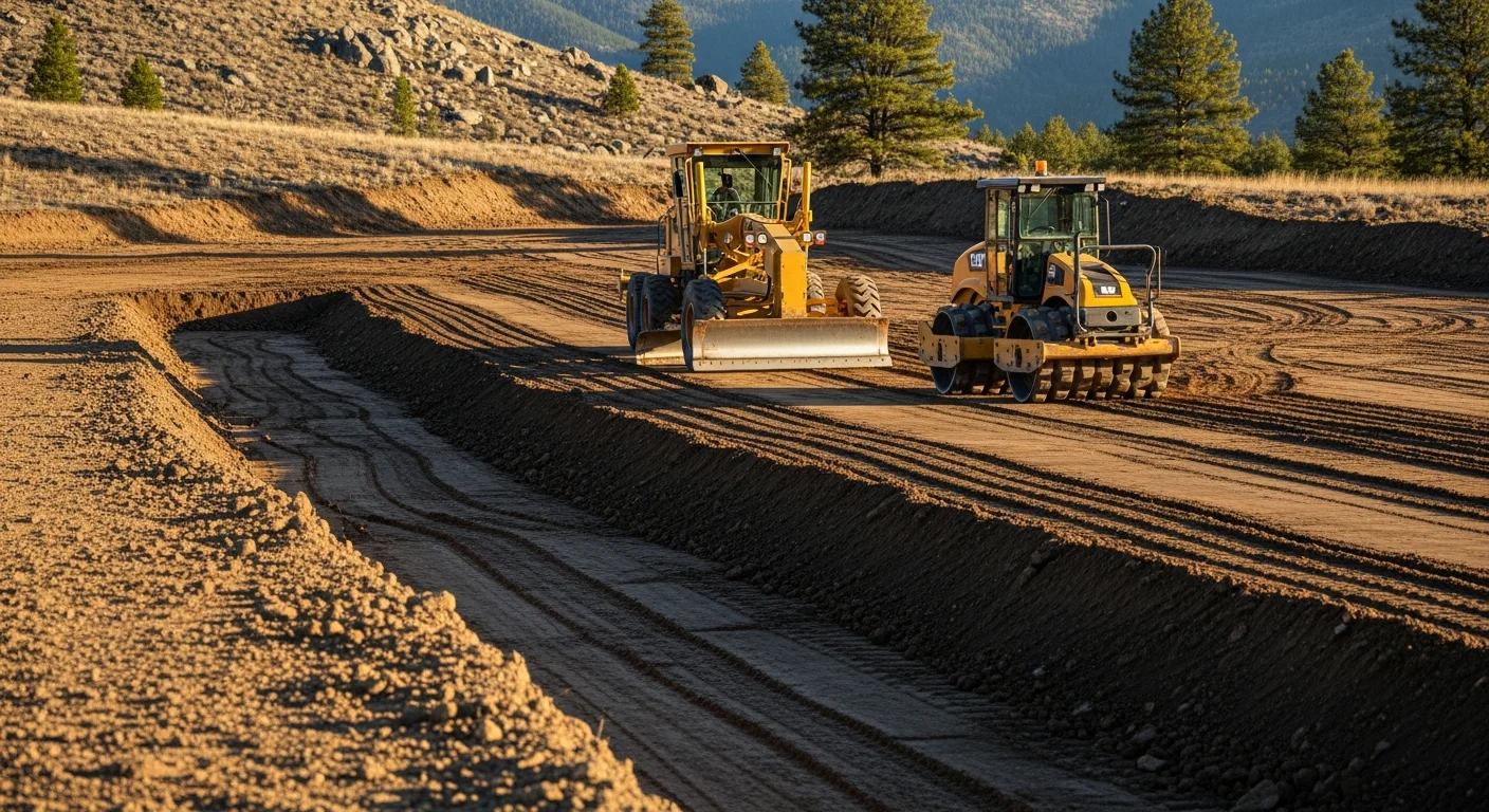A freshly graded and compacted building pad on a sloped residential lot near Canyon Ferry Lake, Montana, with cleared land and shaped drainage channels visible in the foreground. Heavy equipment tracks mark the leveled subgrade, ready for foundation work against a backdrop of the Big Belt Mountain foothills.