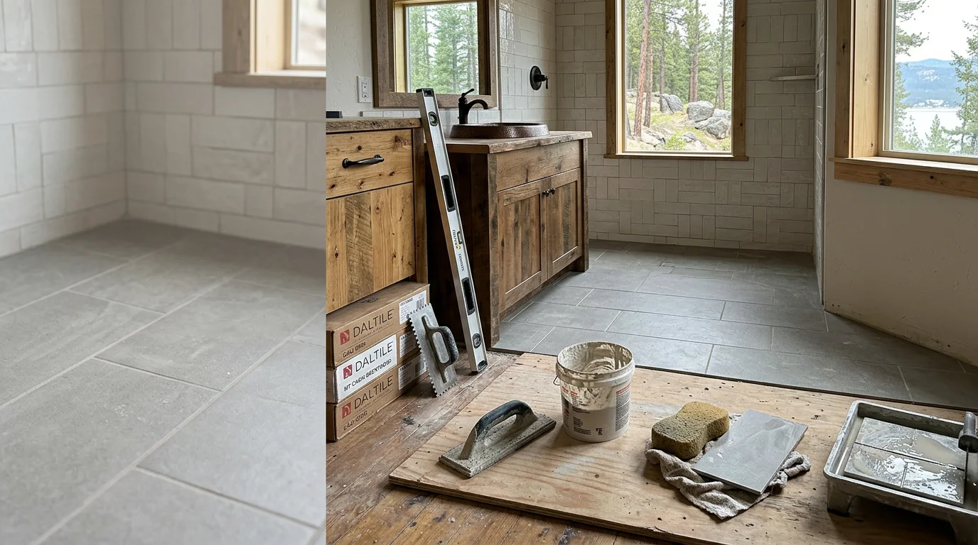 Freshly installed tile floor in a Montana lake cabin entryway near Canyon Ferry Lake, with clean grout lines and a natural stone-toned finish. The space shows a practical, durable surface suited to heavy outdoor foot traffic.